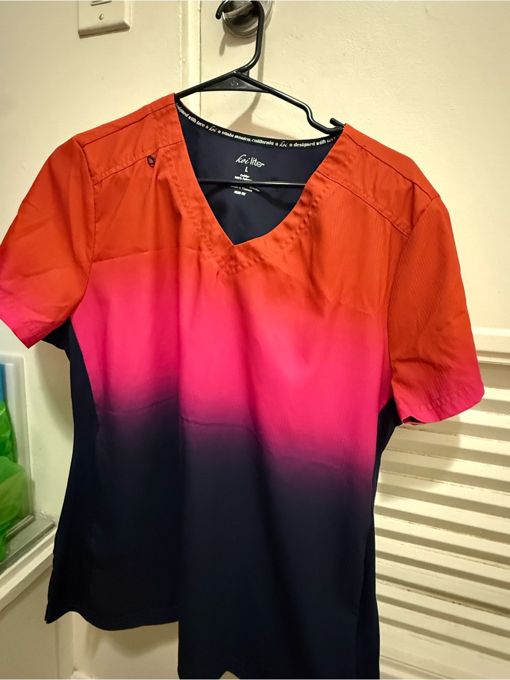 koi Women's Ombre V-Neck Scrub Top - Red, Pink, Black